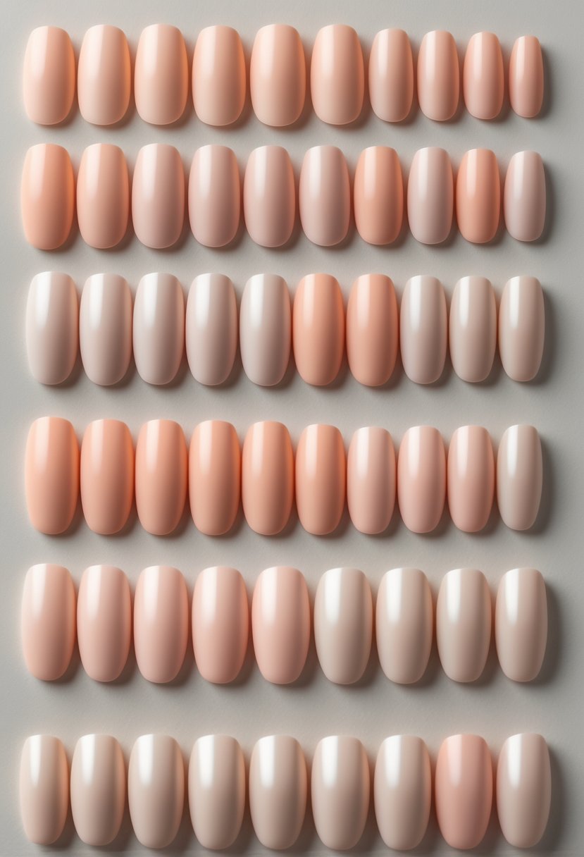 Close-up of 24 short nails painted in different soft peach shades with a matte finish arranged on a neutral background.