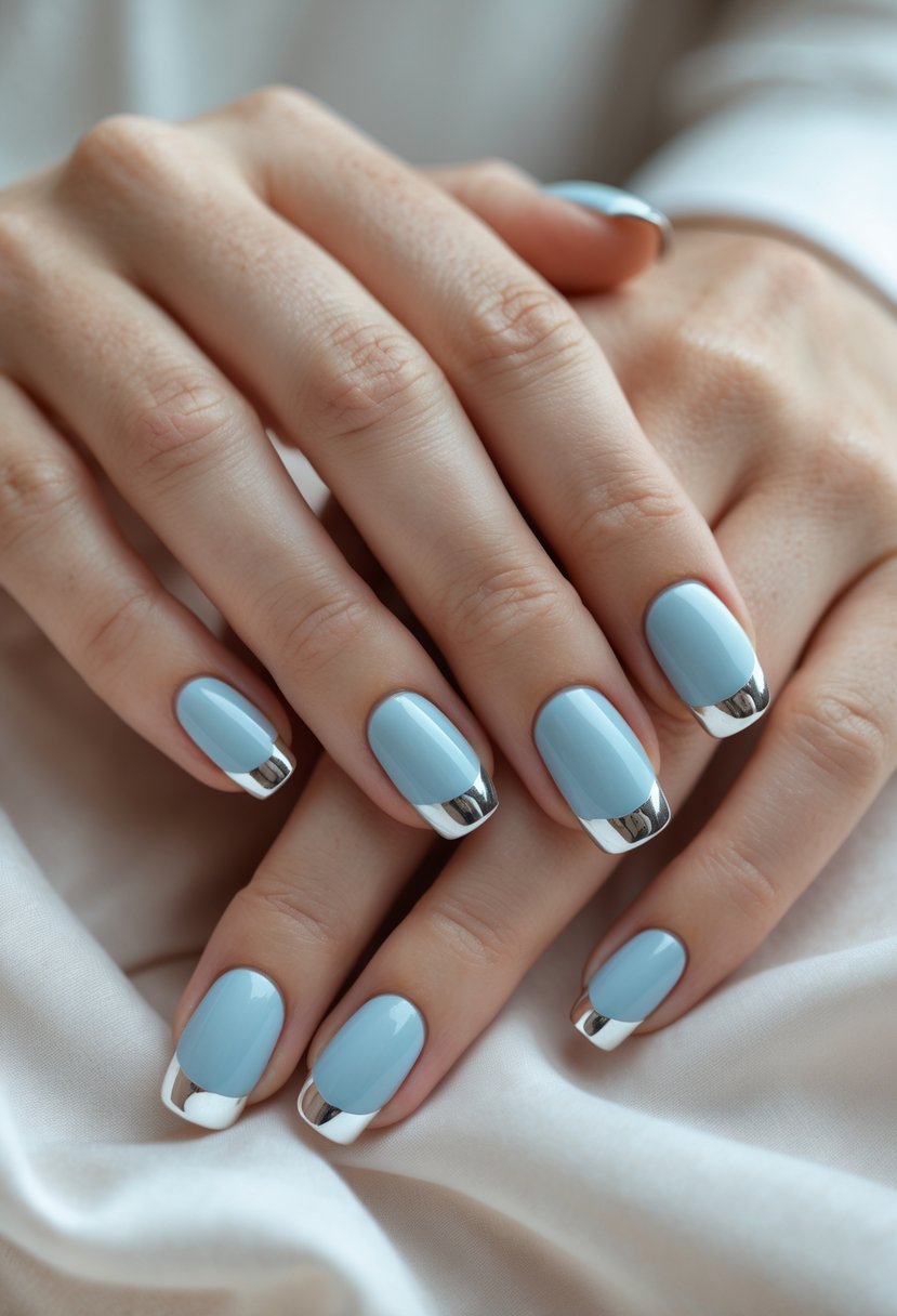 Close-up of hands with short pale blue nails and silver tips.