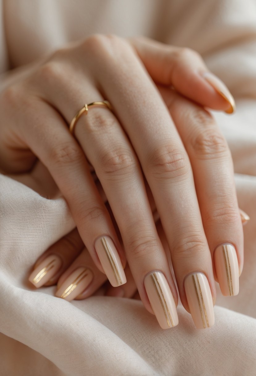 Close-up of hands with short warm beige nails decorated with tiny gold stripes.