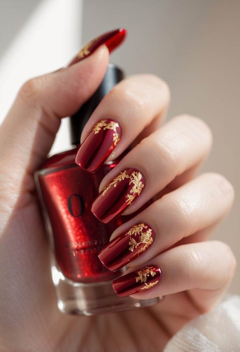 Close-up of a hand with glossy cherry red chrome nails decorated with gold foil accents.