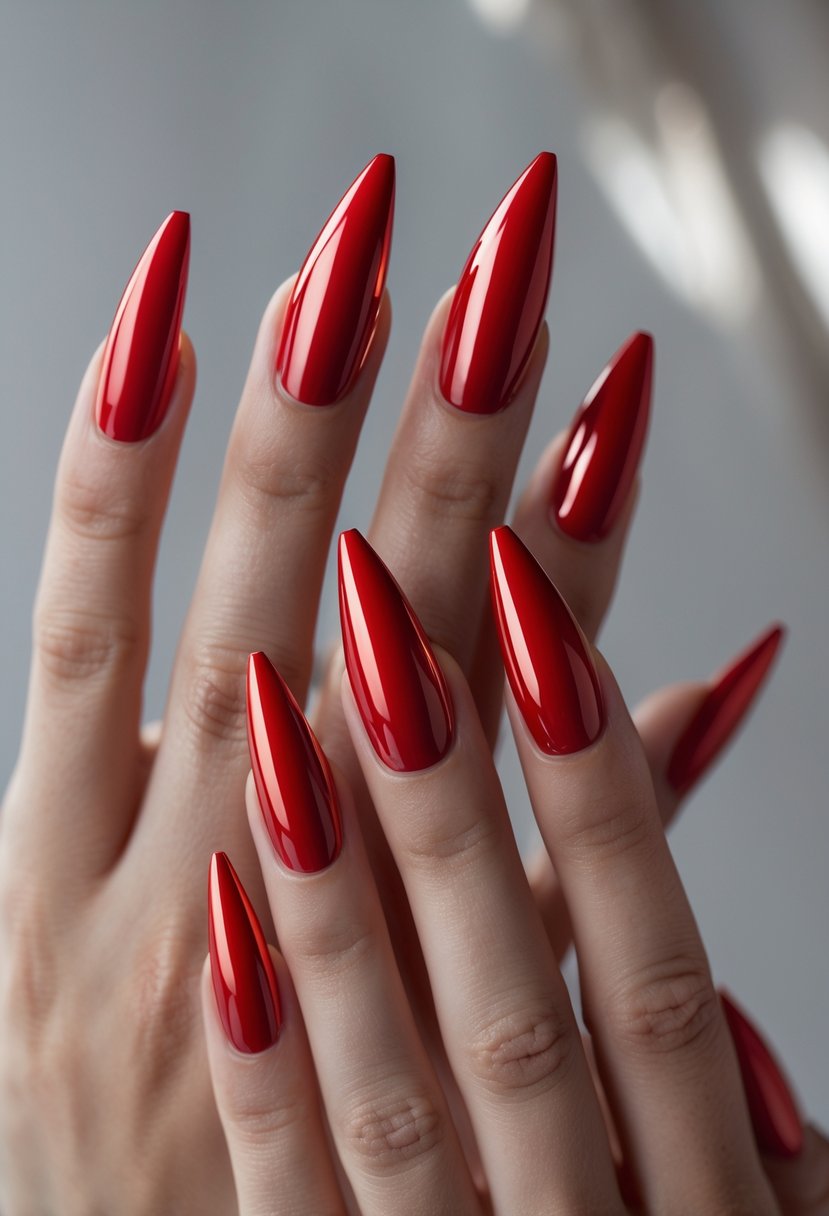 Close-up of hands with long, glossy red pointed nails.