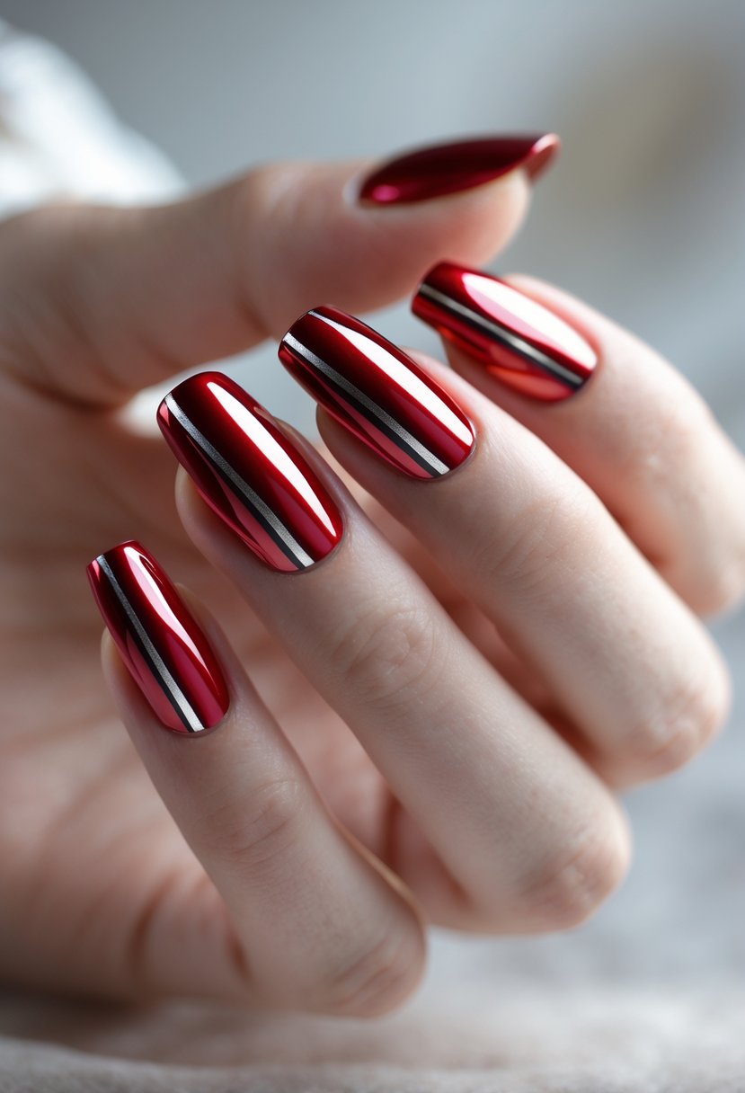 Close-up of a hand with red chrome nails featuring silver stripes.