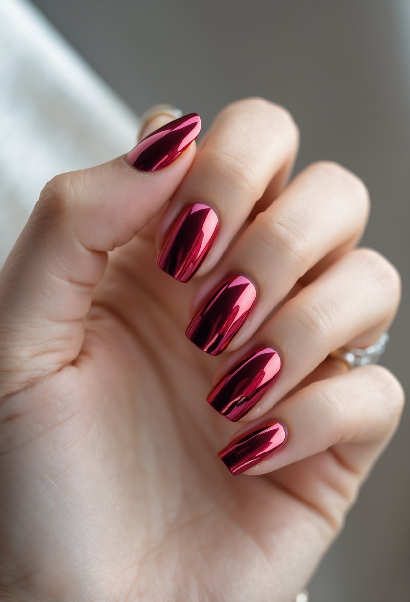 Close-up of a hand with short metallic ruby red chrome nails against a neutral background.