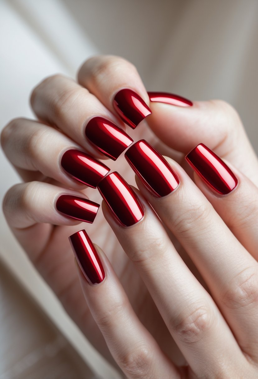 Close-up of hands with crimson red chrome square-shaped nails against a neutral background.