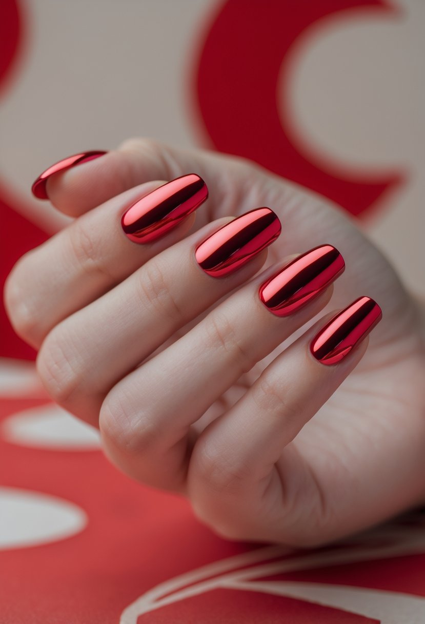 Close-up of a hand with shiny red chrome nails against a blurred abstract background.
