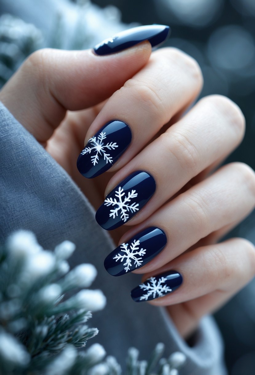 Close-up of hands with navy blue nails decorated with white snowflake designs.