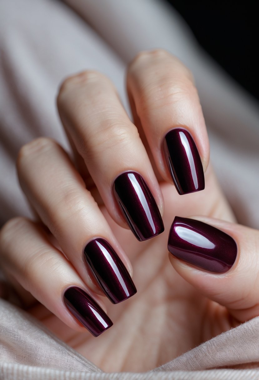 Close-up of a hand with burgundy chrome finished nails resting on a soft fabric background.