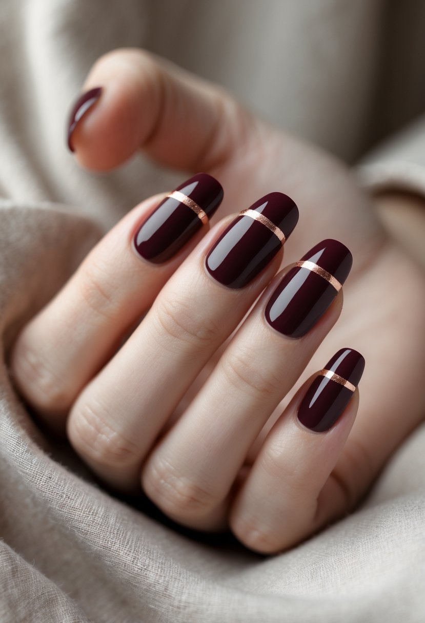Close-up of a hand with burgundy nails decorated with thin rose gold stripes.