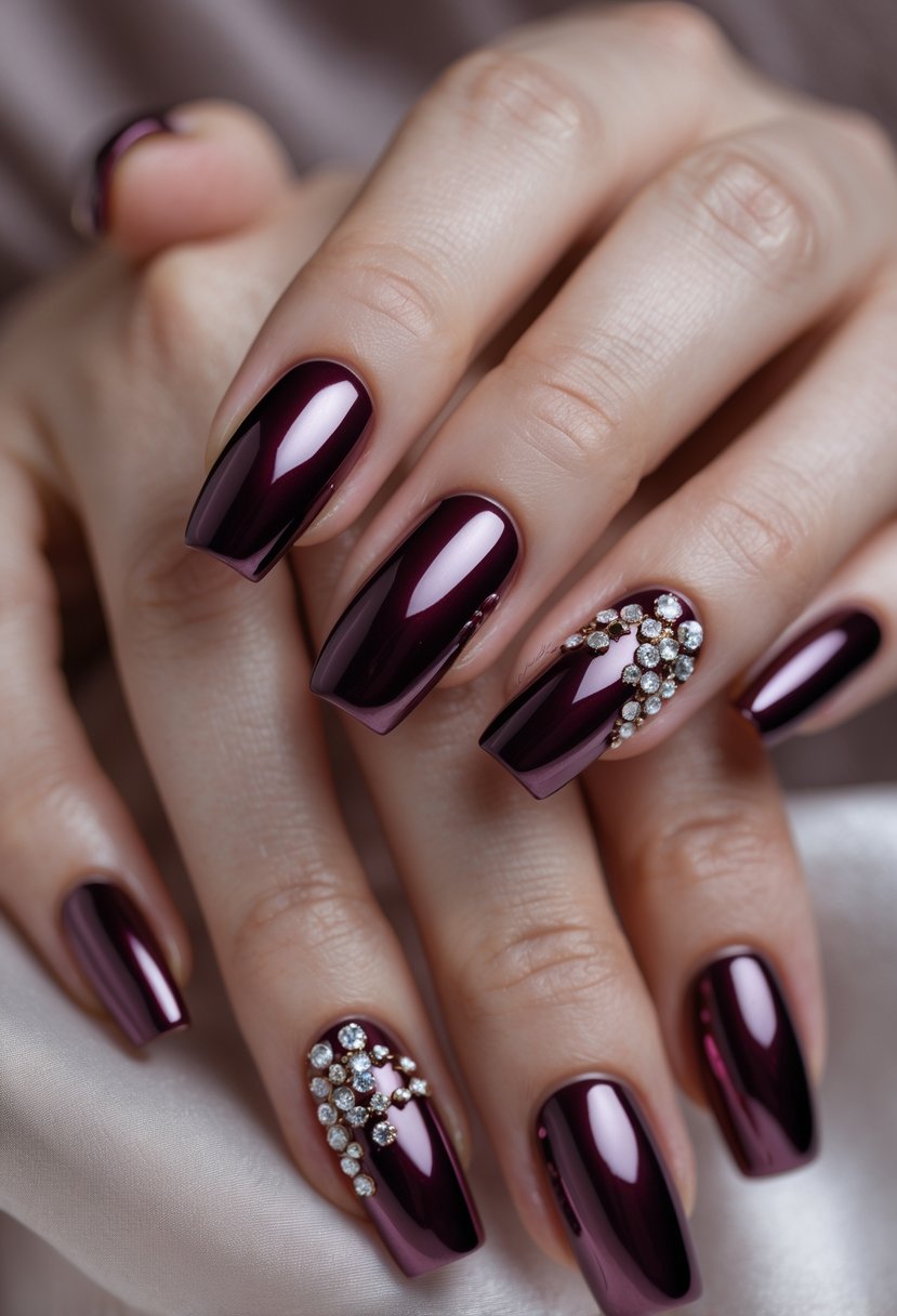 Close-up of manicured hands with burgundy chrome nails decorated with sparkling rhinestones.
