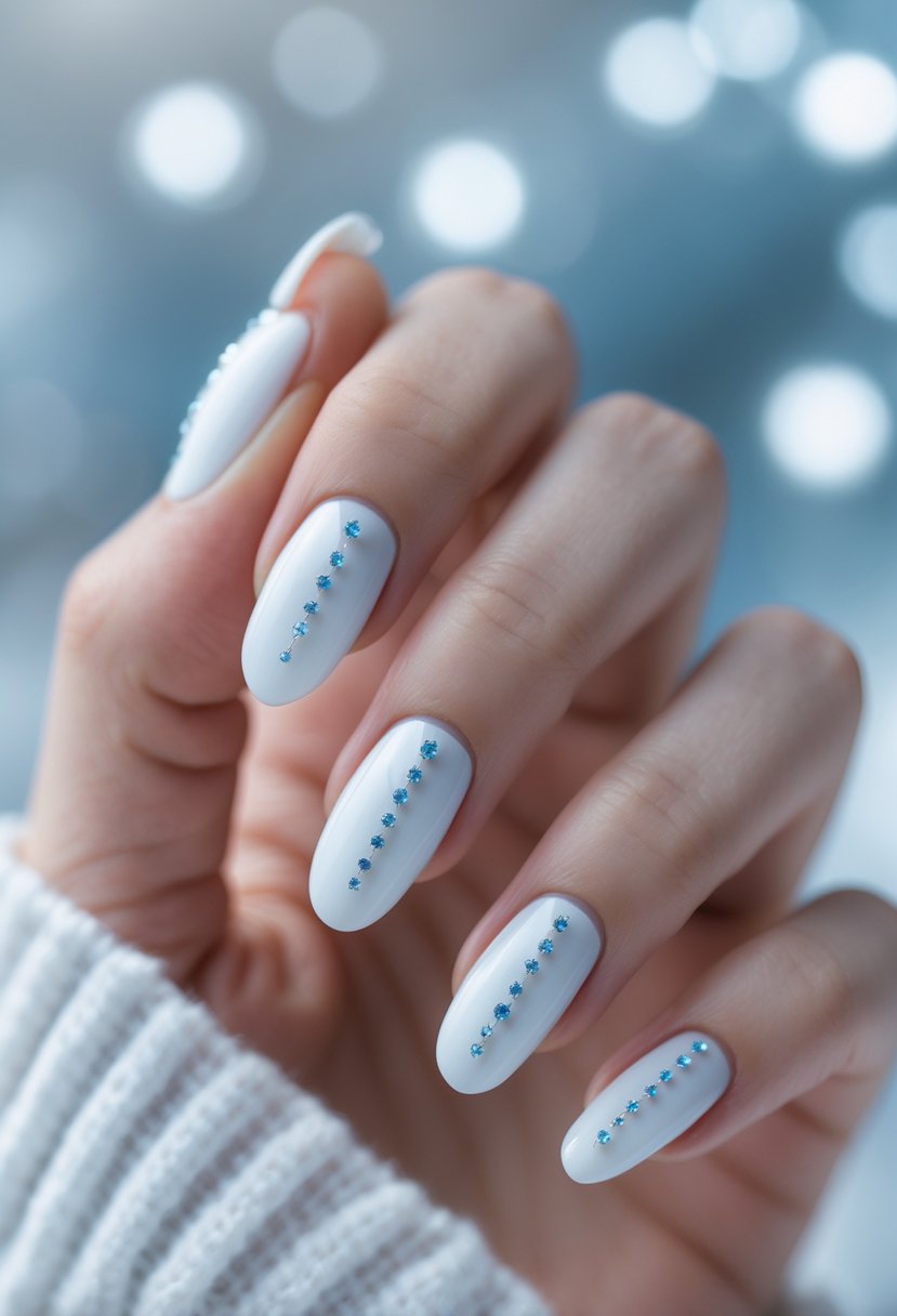 Close-up of a hand with glossy white nails decorated with small blue gems.