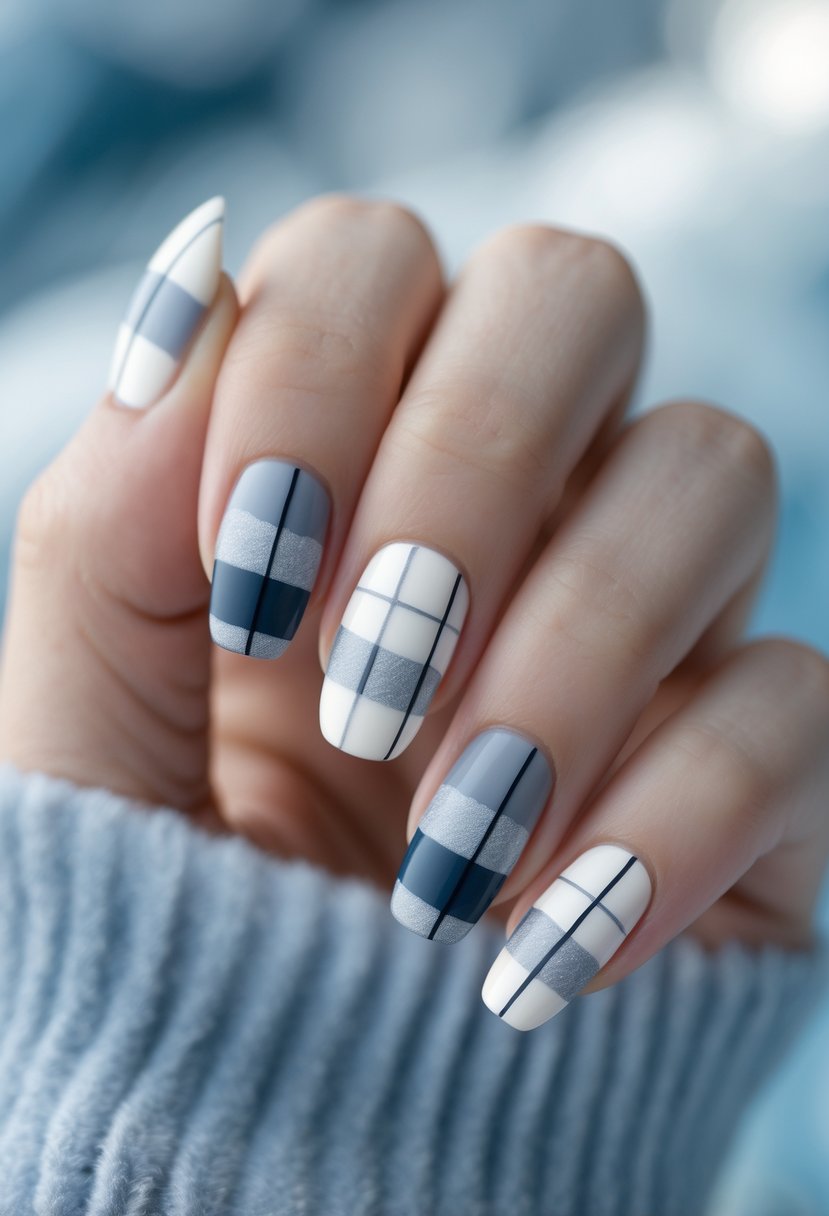 Close-up of a hand with neatly manicured nails featuring a minimalist plaid design in winter colors.