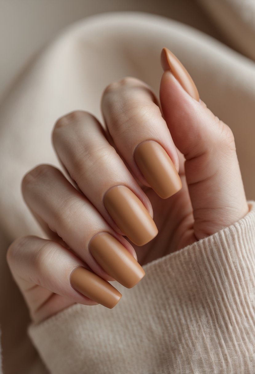 Close-up of a hand with creamy caramel-colored matte nails resting on a neutral background.