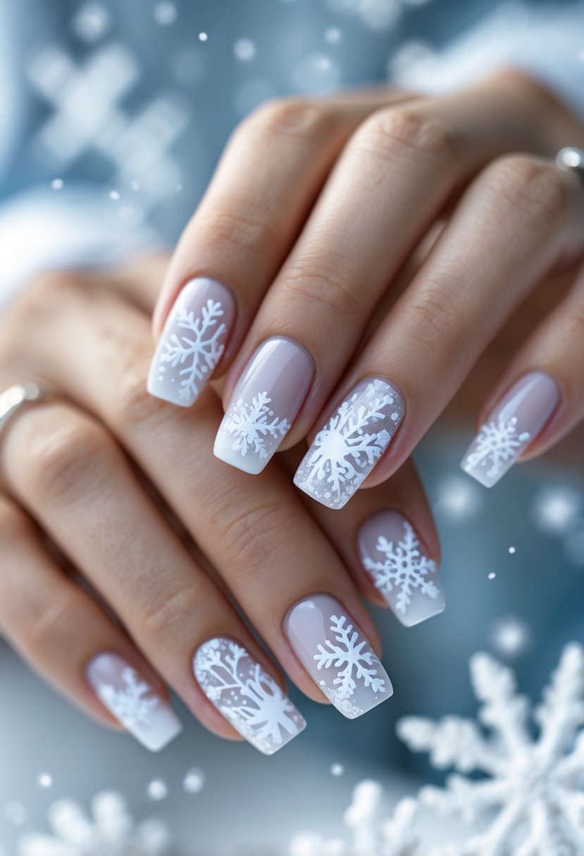 Close-up of hands with simple winter-themed nail art featuring snowflake and frost patterns on a soft blue and white background.