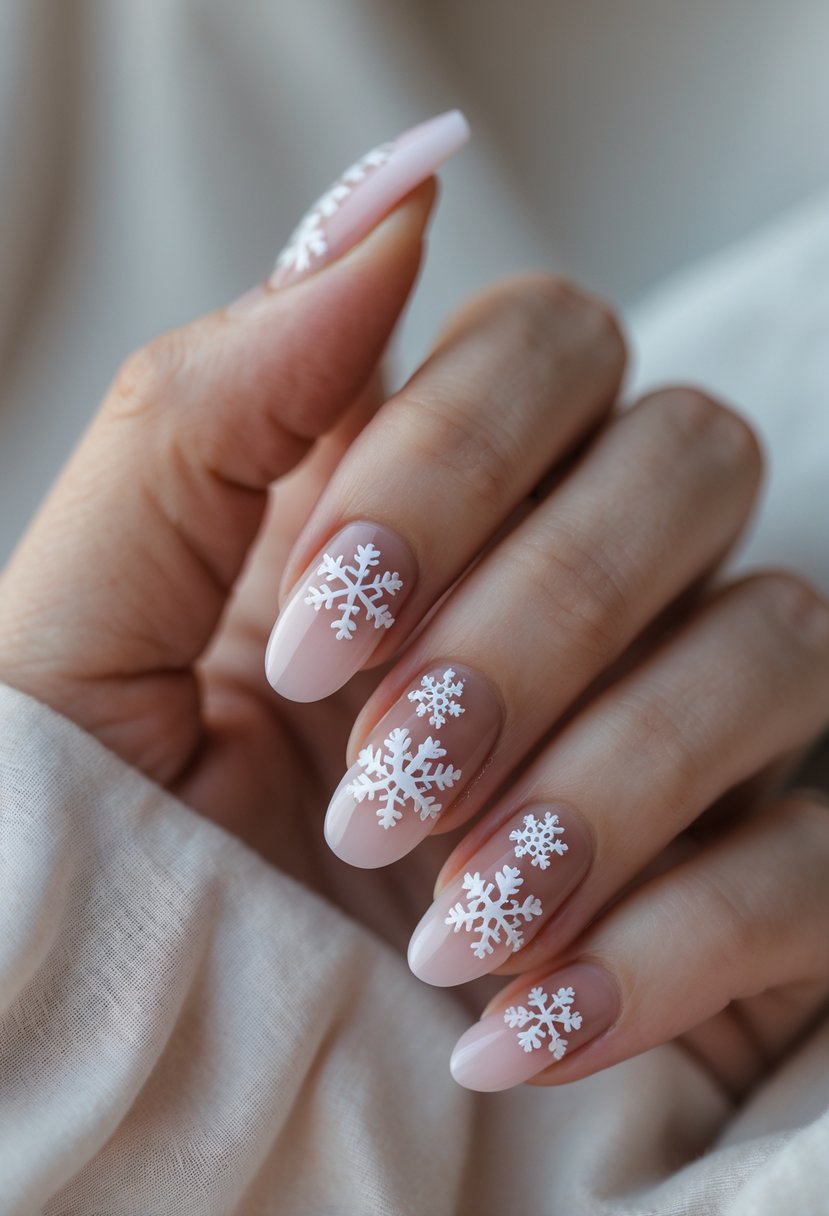 Close-up of a hand with sheer pink nails decorated with small white snowflake designs.