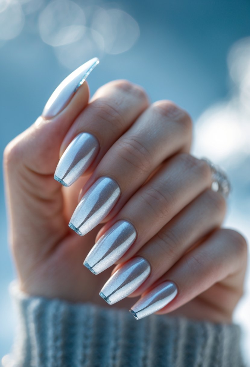 Close-up of a hand with silver French tip nails against a cool, blurred winter background.