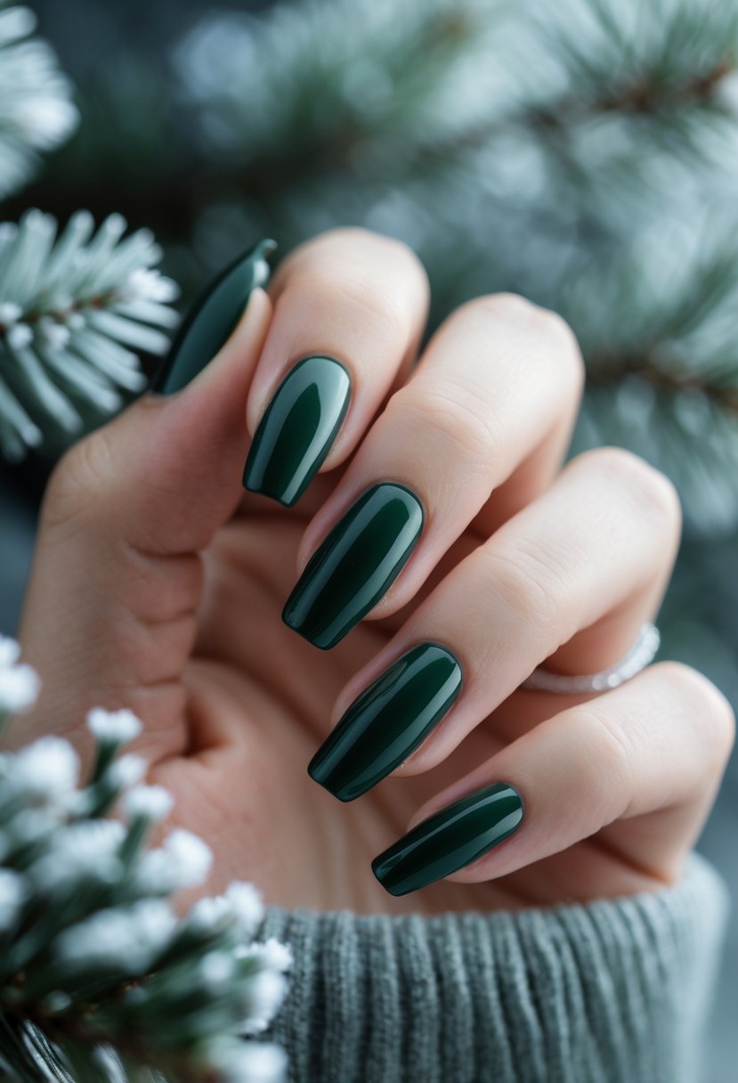 Close-up of a hand with deep forest green glossy nails surrounded by winter-themed background elements.