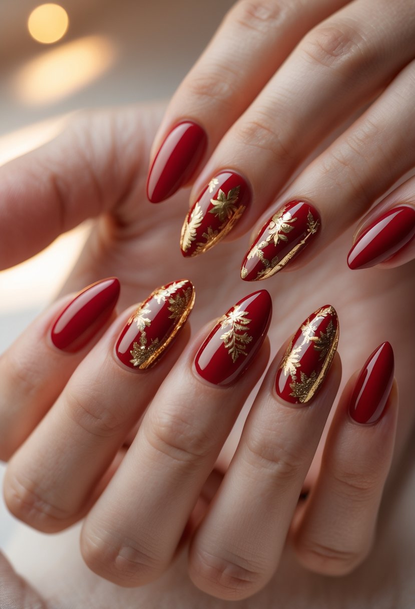 Close-up of hands with glossy red nails decorated with gold foil accents.