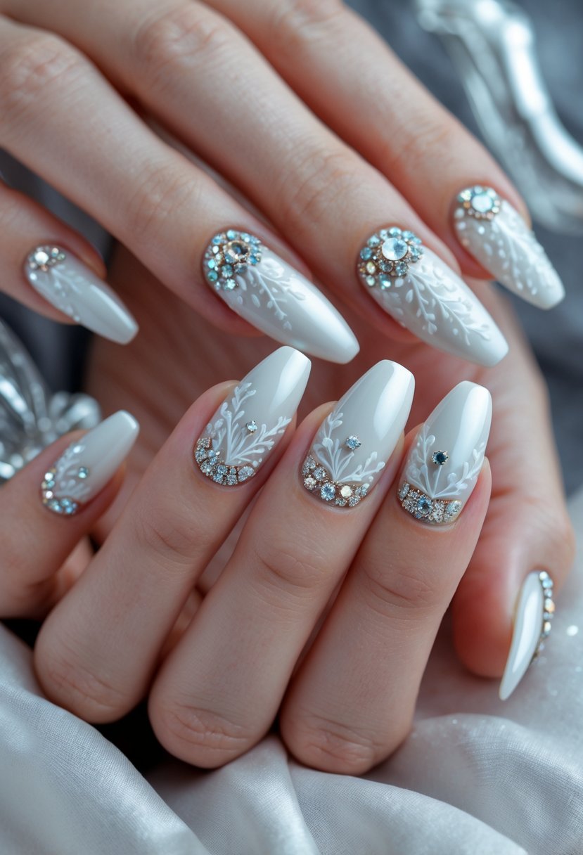 Close-up of hands with pearl white nails decorated with rhinestones and winter-themed designs.