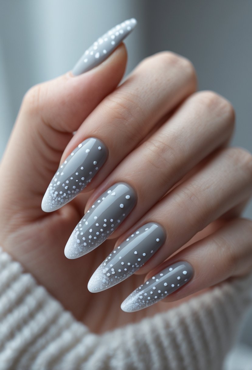 Close-up of a hand with soft gray nails decorated with white snow dot patterns.