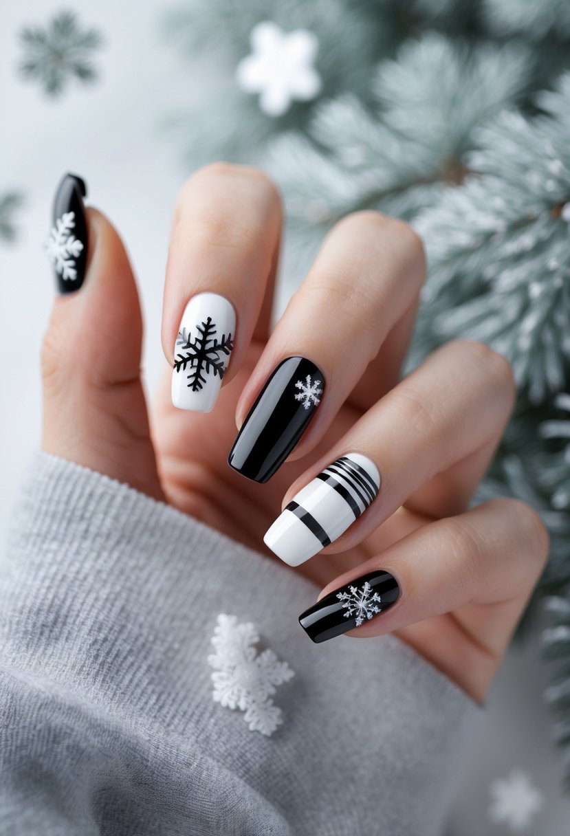 Close-up of hands with glossy black and white winter-themed nail art featuring snowflakes and geometric patterns.