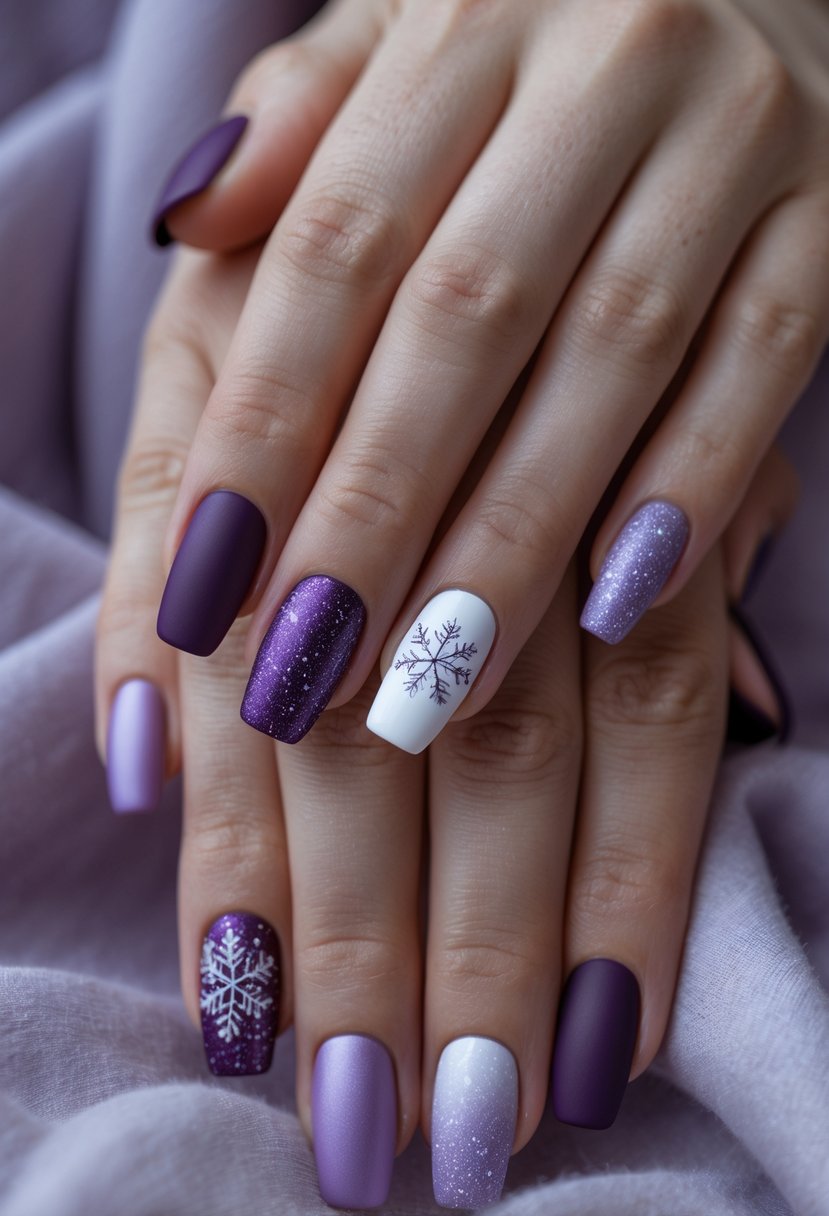 Close-up of hands with deep plum purple matte finish nails displaying various winter nail designs.