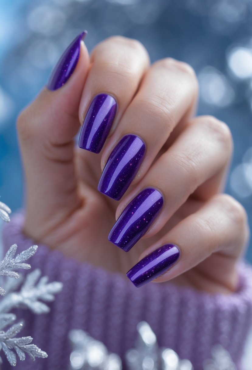 Close-up of hands with glossy royal purple nails featuring subtle glitter, posed against a soft winter-themed background.