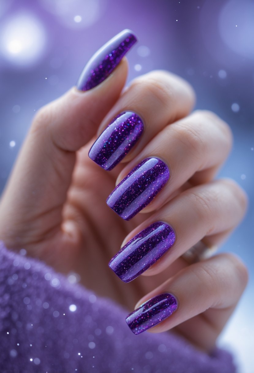 Close-up of hands with deep violet glittery nails against a soft purple winter background.