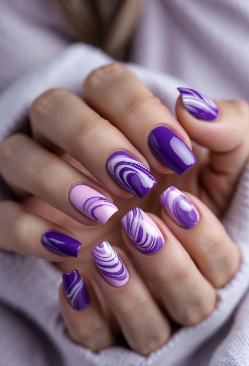 Close-up of hands with swirled purple and pink nail art on medium-length nails.