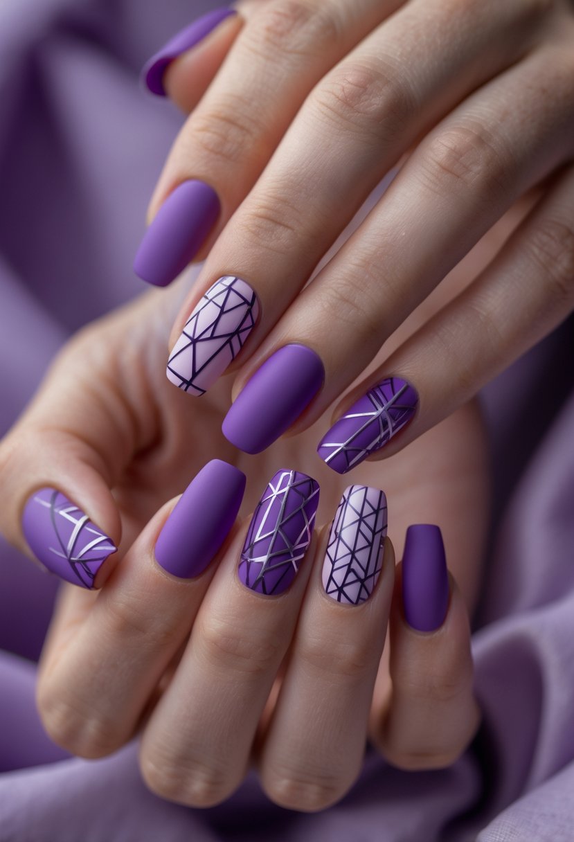 Close-up of hands showing purple winter-themed nails with geometric designs.
