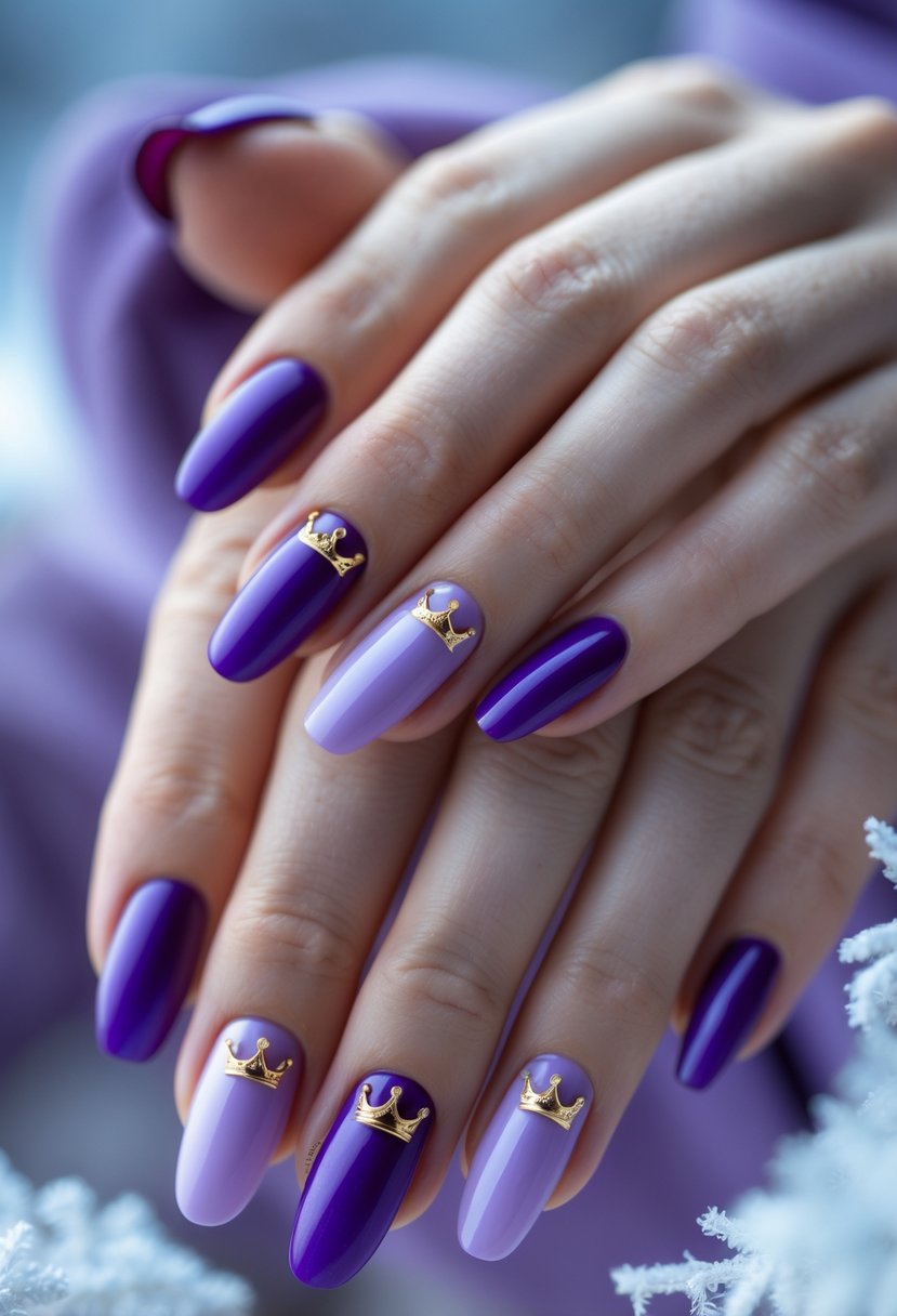 Close-up of hands with purple nails decorated with small gold crown charms.