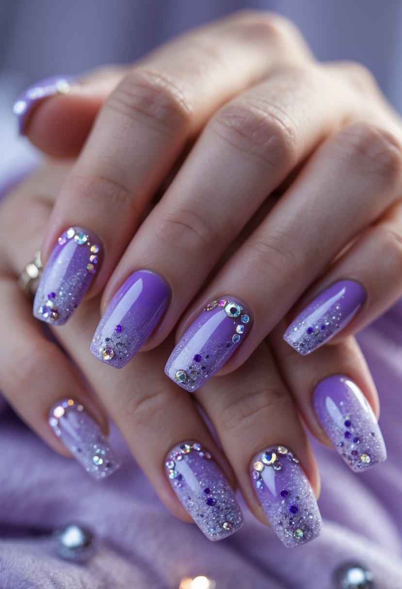 Close-up of hands with purple winter-themed nails decorated with rhinestones.