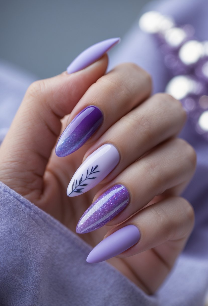 Close-up of hands with half-moon purple nails in soft winter-inspired designs.