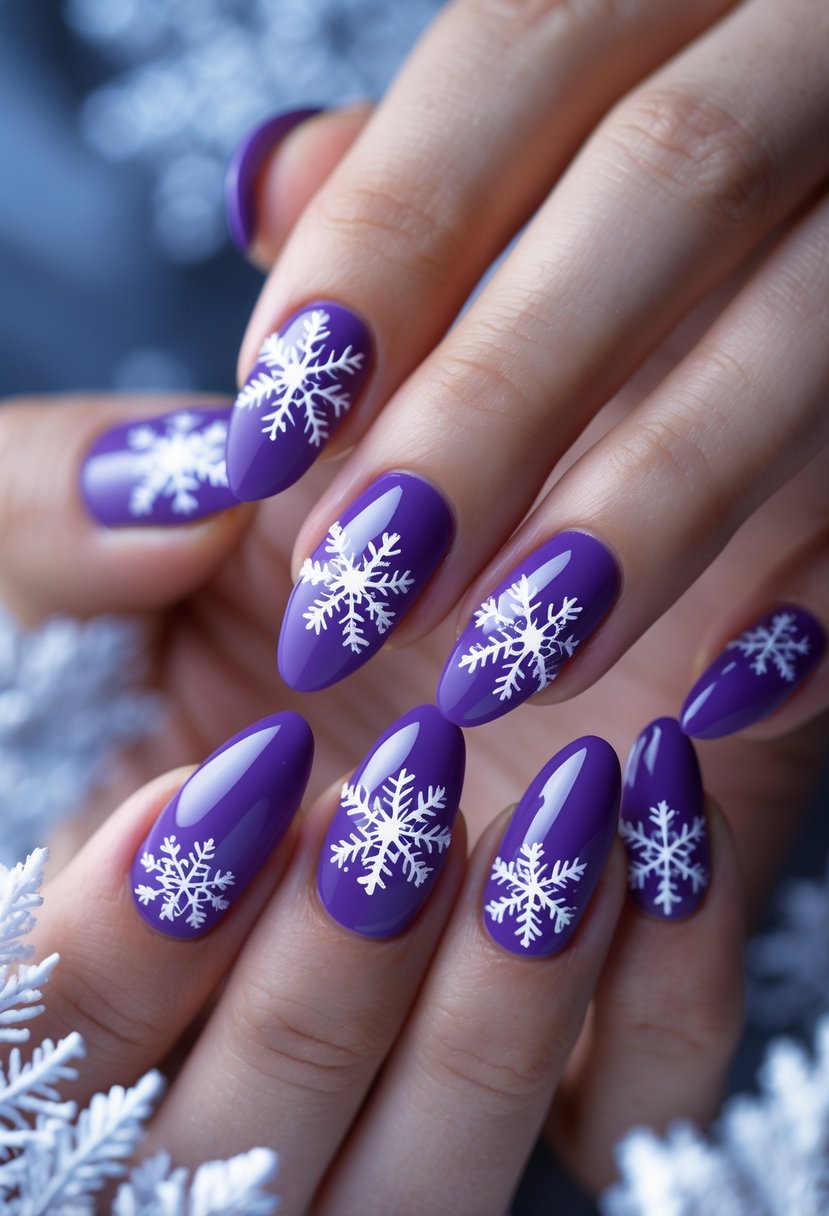 Close-up of hands with violet nails decorated with white snowflake designs.