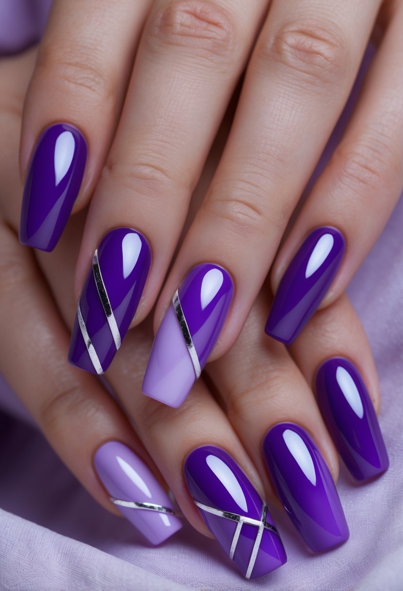 Close-up of hands with purple nails decorated with fine silver striping tape.