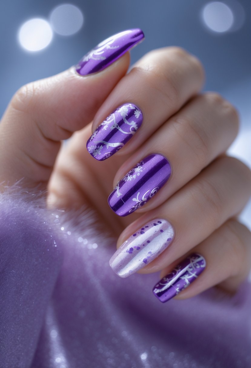 Close-up of a hand with purple nails featuring abstract patterns.