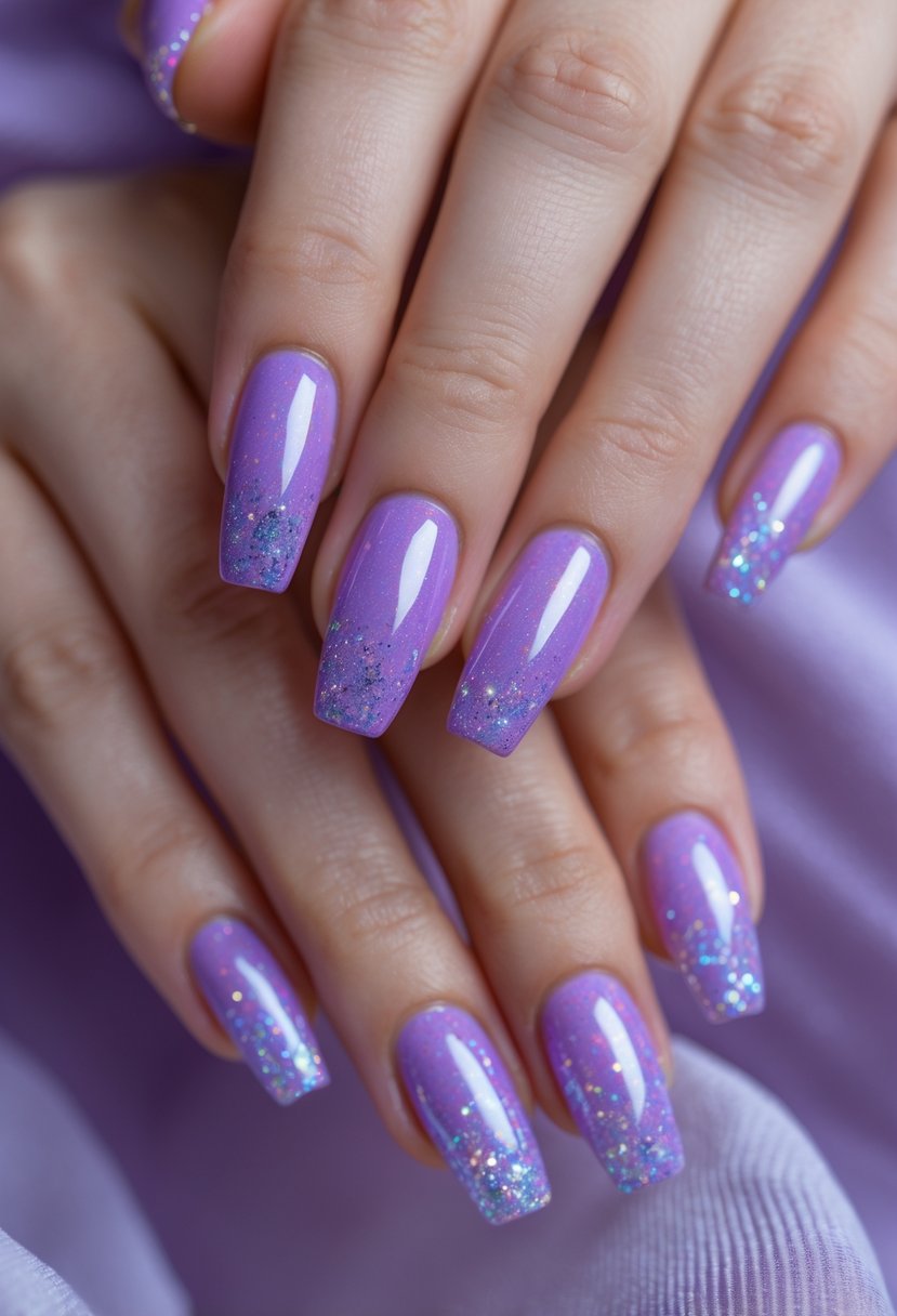 Close-up of hands with purple nails decorated with fine holographic flakes.