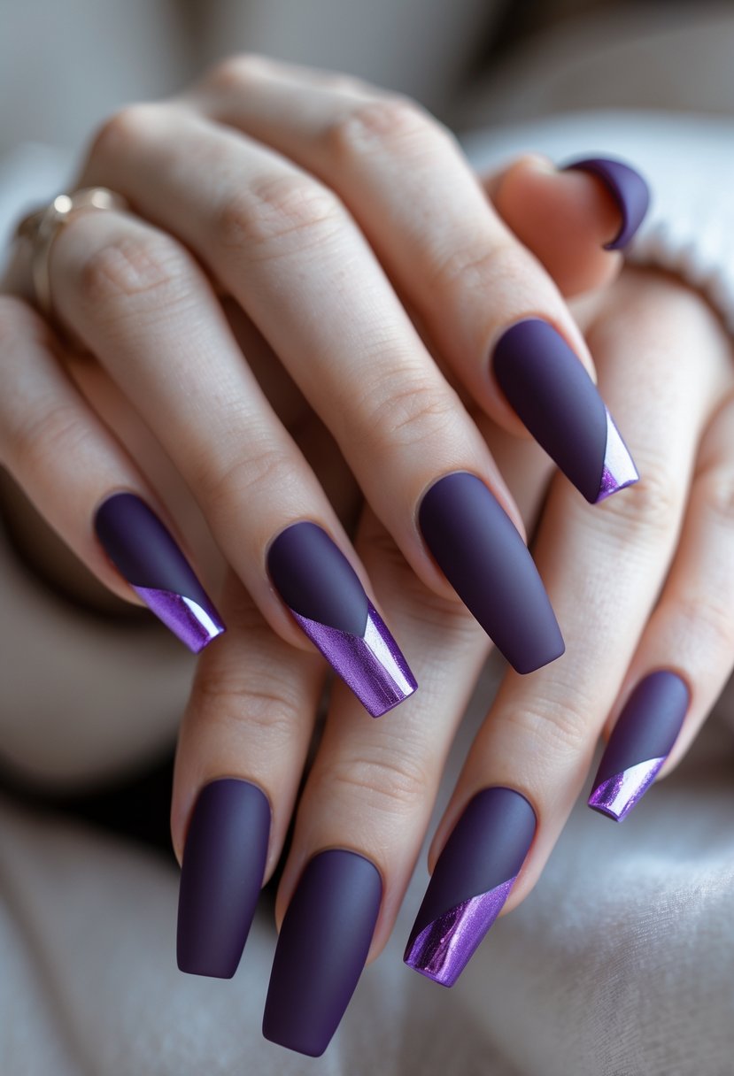 Close-up of hands with purple nails featuring glossy diagonal tips.
