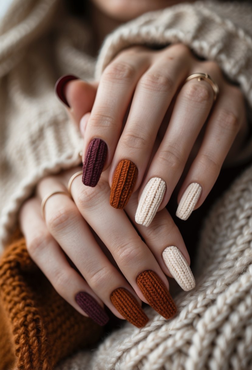 Close-up of hands with fall and winter-themed nails featuring cozy sweater patterns resting on a knitted fabric.
