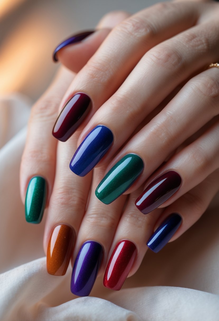 Close-up of hands with nails painted in a smooth gradient of deep jewel tones including green, blue, purple, red, and amber.
