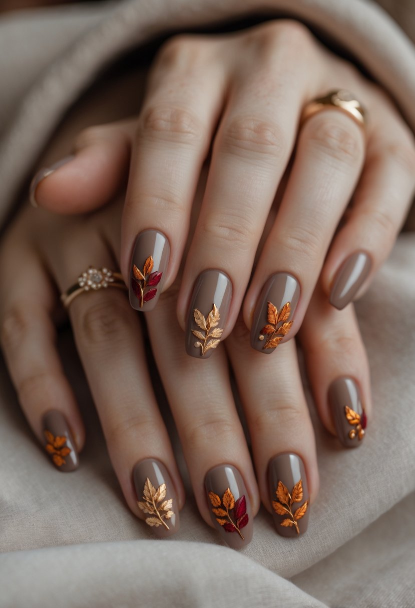 Close-up of hands with warm taupe nails decorated with leaf designs.