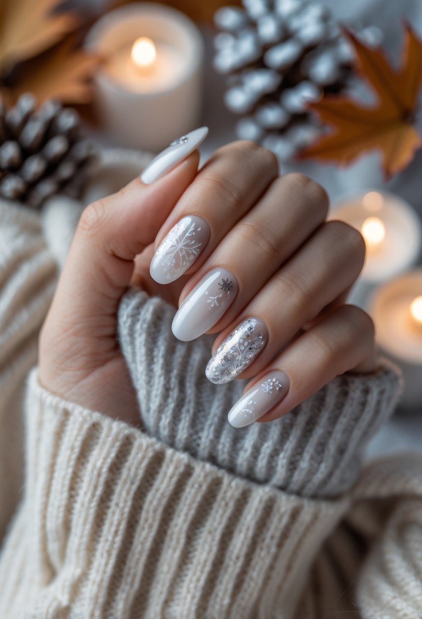 Close-up of hands with pearl white and silver winter-themed nail art holding a cream knit sweater surrounded by autumn and winter decor.