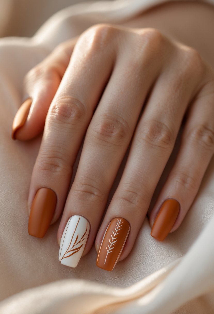 Close-up of a hand with burnt orange painted nails featuring simple designs on a soft neutral background.