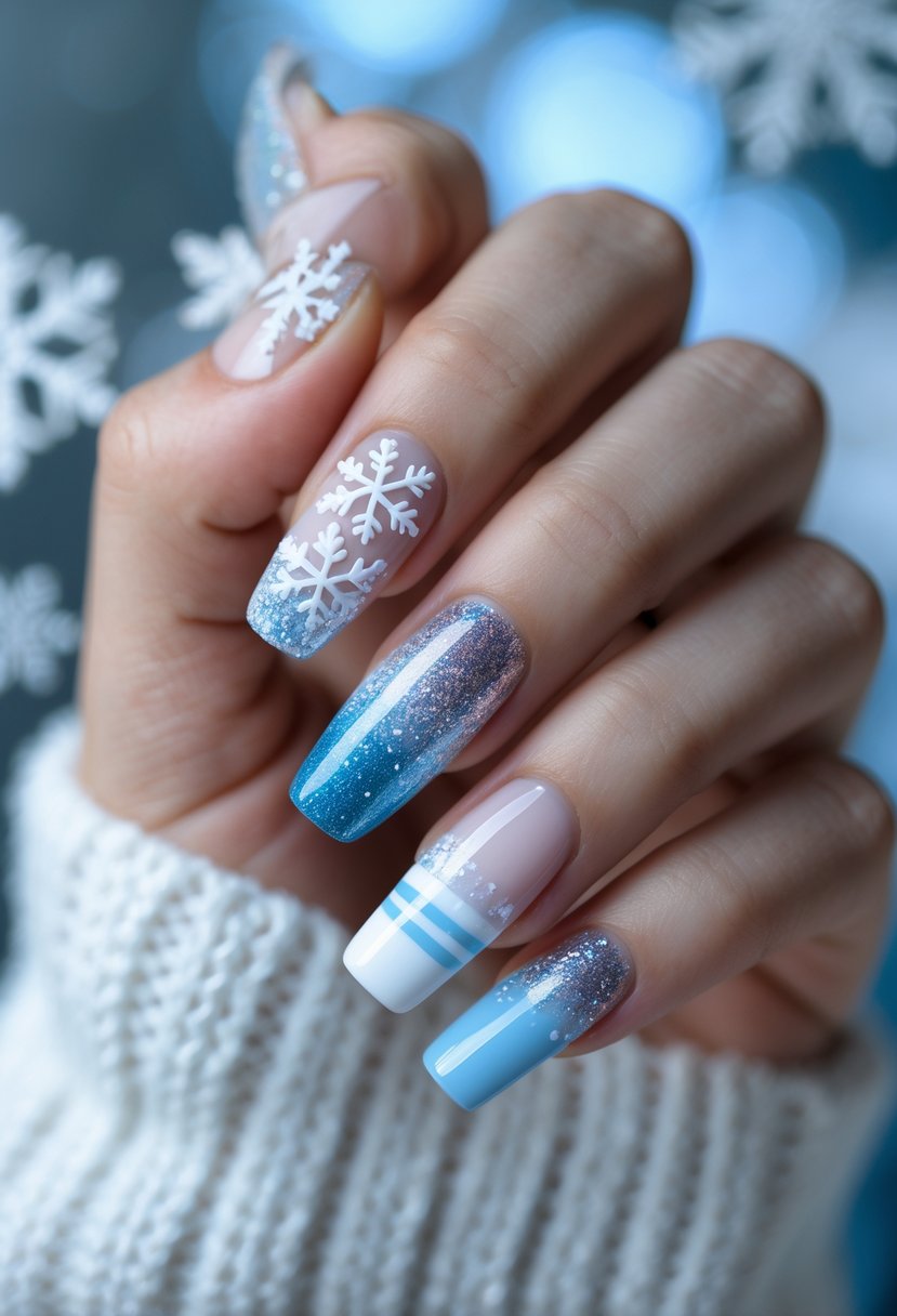 Close-up of hands with winter-themed manicured nails holding a white knitted sweater.