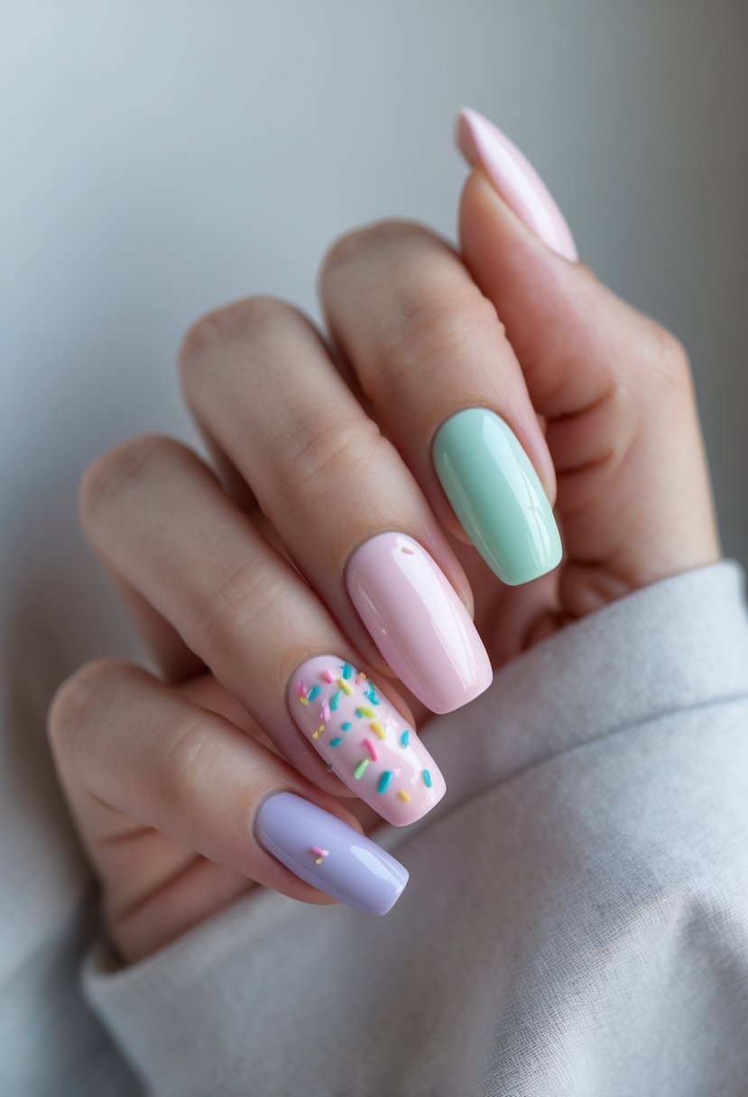 Close-up of a hand with pastel-colored glazed donut-inspired nails against a neutral background.