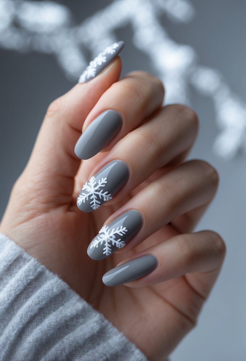 Close-up of a hand with grey nails featuring white snowflake designs.