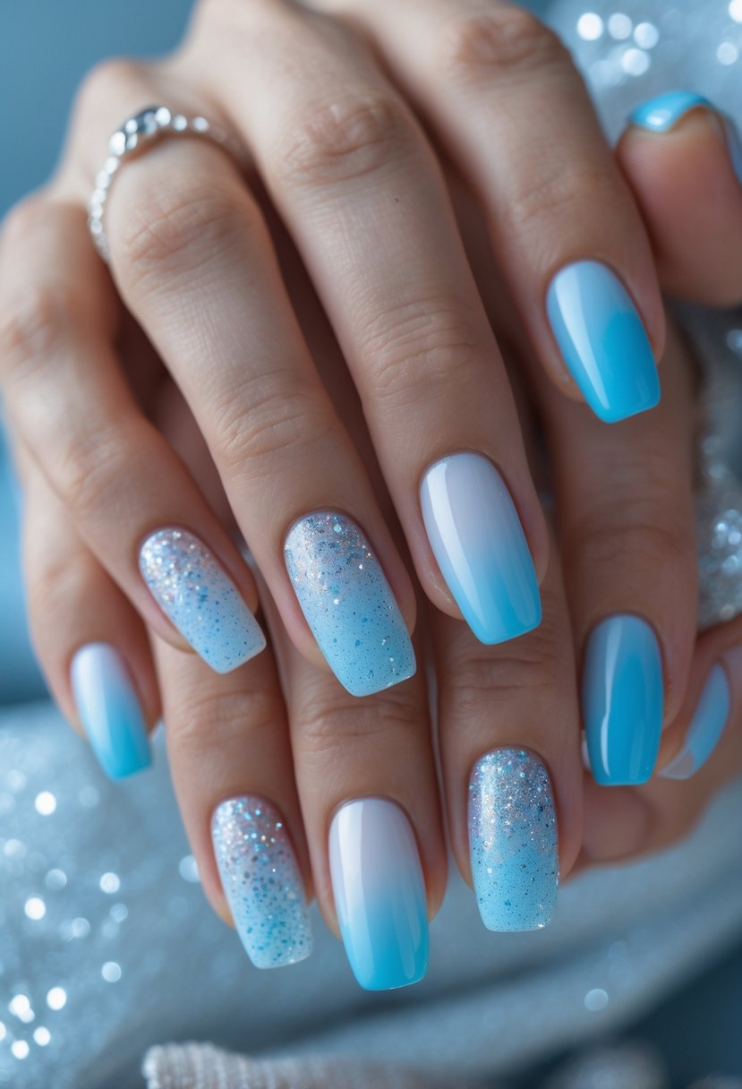 Close-up of hands with medium-length nails featuring icy blue ombre and silver glitter accents.