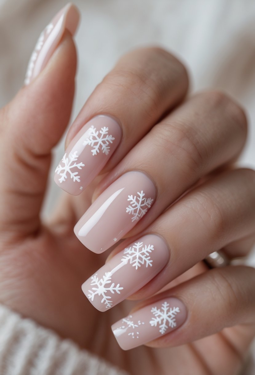 Close-up of a hand with pale pink nails decorated with subtle snowflake designs.
