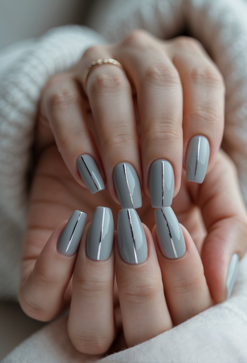 Close-up of hands with soft grey nails featuring thin silver lines, posed against a neutral background.