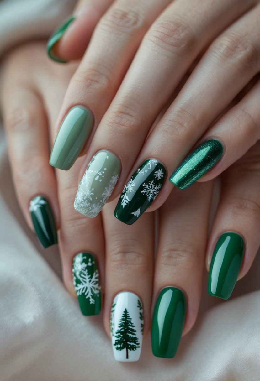 Close-up of 18 fingernails painted in different shades of green with winter-themed designs on some nails.