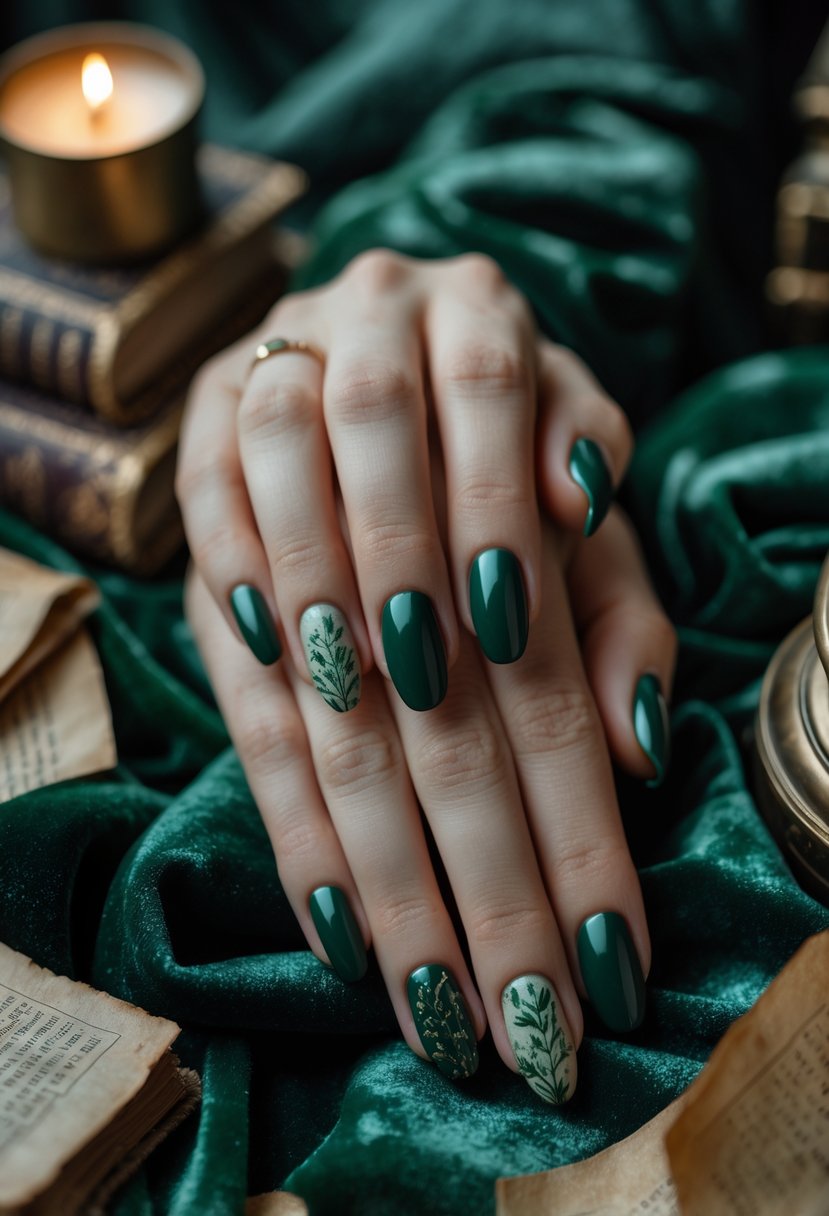 Close-up of hands with dark green winter-themed nails resting on green velvet fabric surrounded by vintage books and a candle holder.